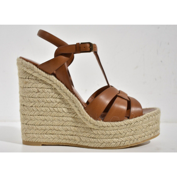 Saint Laurent Tribute Espadrille 85 Brown Ankle Strap Platform Wedge Sandal 40.5 - Picture 2 of 12